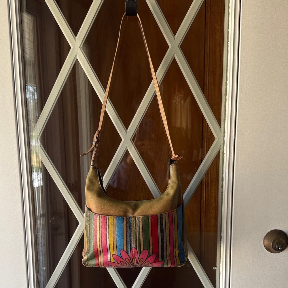 Anuschka Olive Multistripe Shoulder Bag with Pink Floral Detail